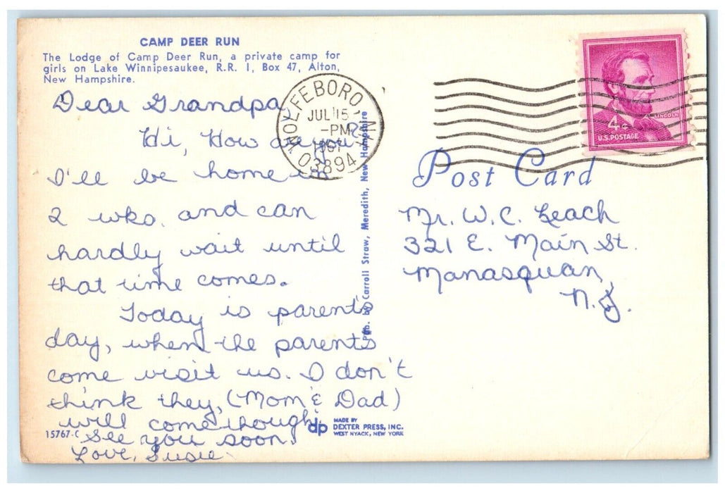 1967 The Lodge Of Camp Deer Run Alton New Hampshire NH Posted Vintage Postcard