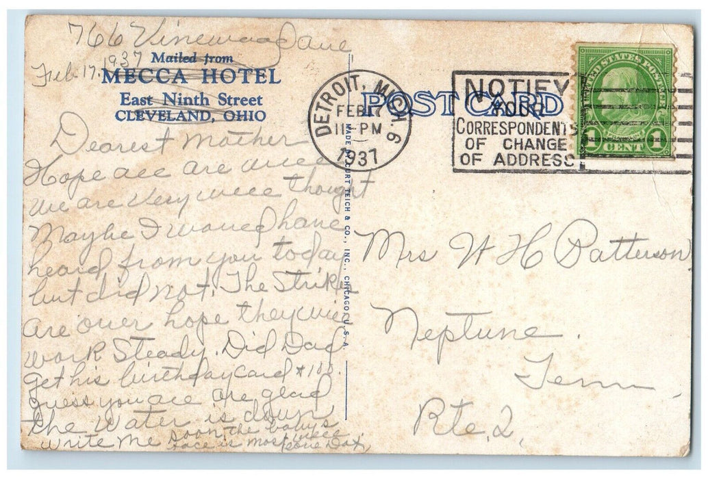 1937 Mecca Hotel East Ninth Street Exterior Building Cleveland Ohio OH Postcard