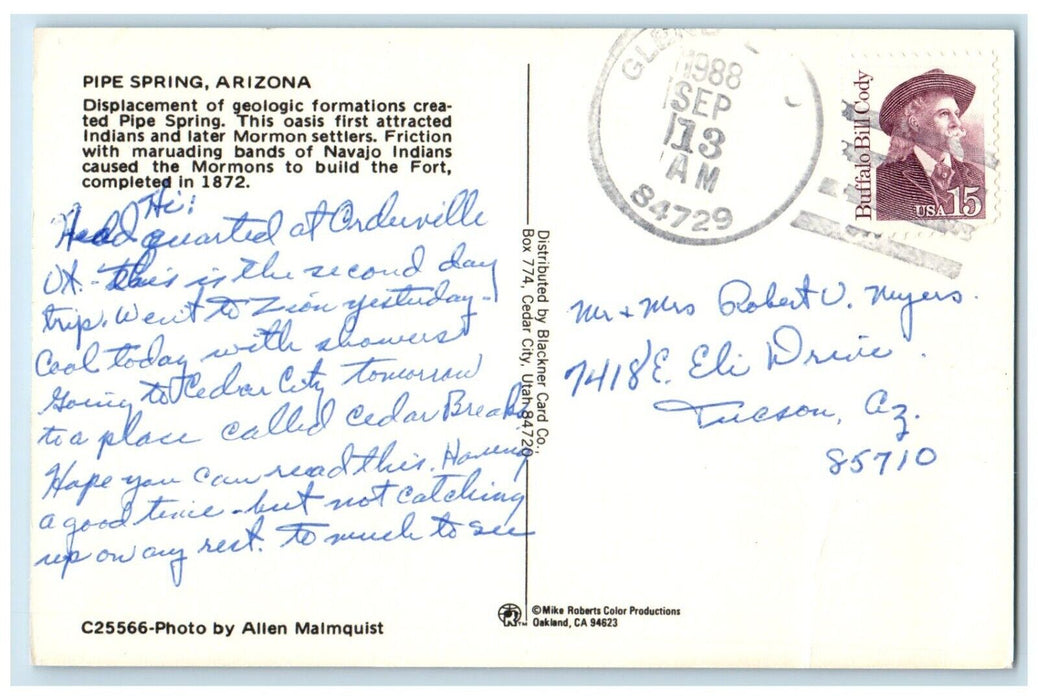 1988 View Of National Monument Pipe Spring Arizona AZ Posted Vintage Postcard
