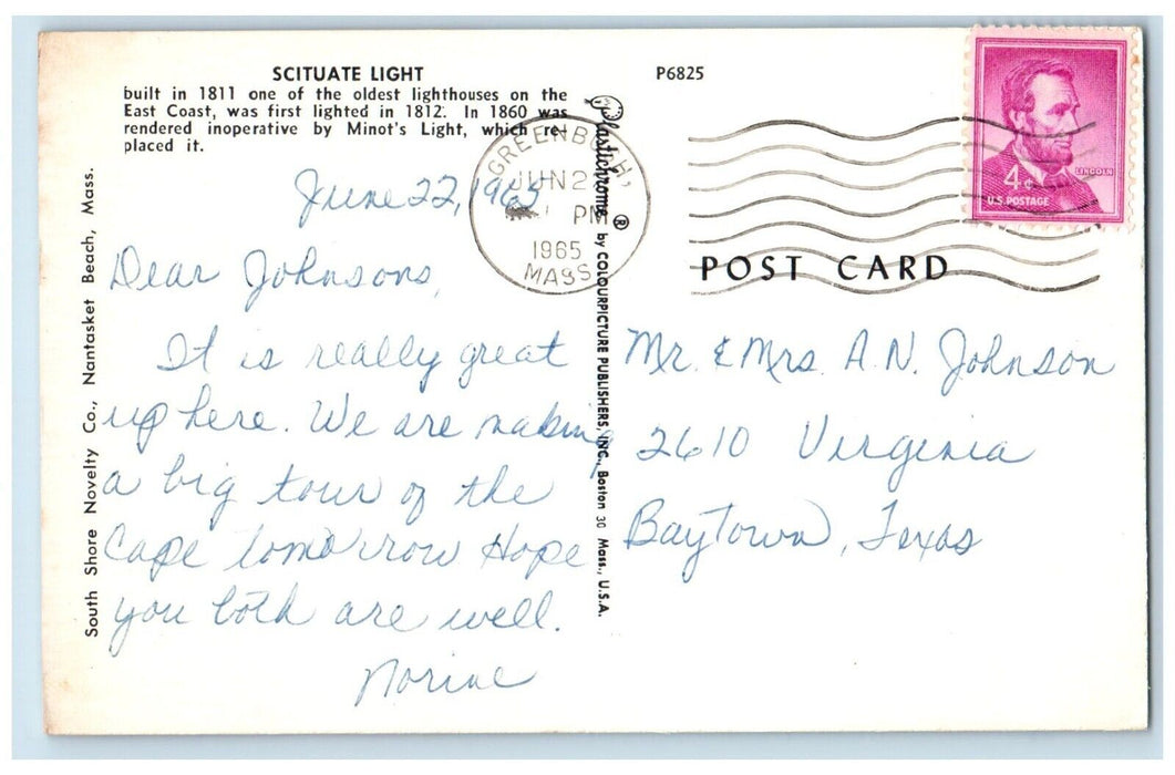 1965 Scituate Light Greenbush Massachusetts MA Posted Antique Vintage Postcard