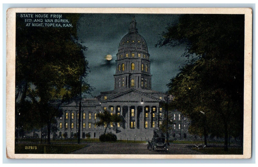 c1910 State House Van Buren Night Moon Exterior Building Topeka Kansas Postcard