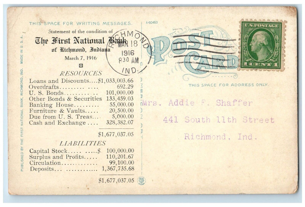 1916 First National Bank Resources Richmond Indiana Statement Vintage Postcard