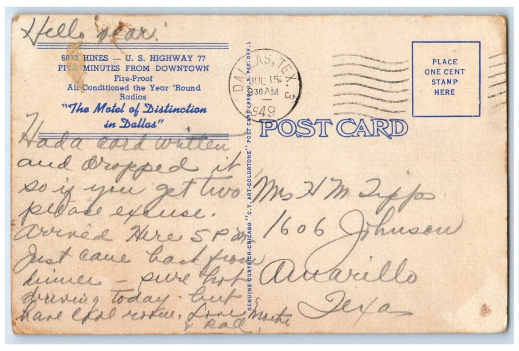 1949 Motel Distinction Highway Motel Skyline Exterior Dallas Texas TX Postcard
