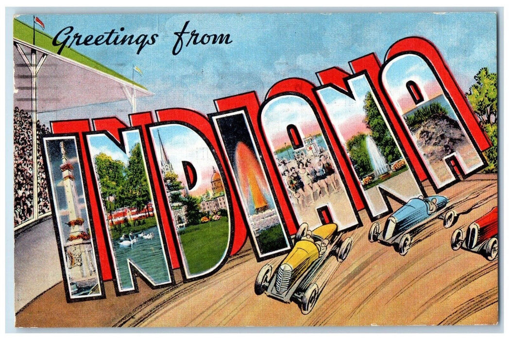 1946 Greetings From Indiana Banner Large Letter Race Cars South Bend IN Postcard