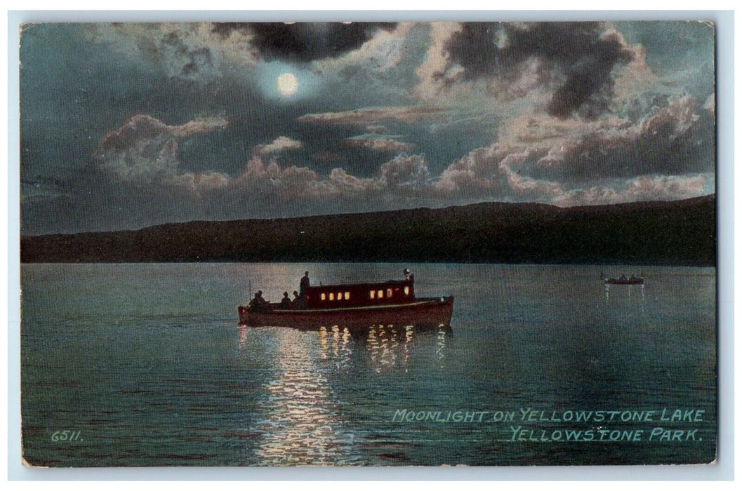 1913 Moonlight Yellowstone Lake Moon Night Yellowstone Park Wyoming WY Postcard