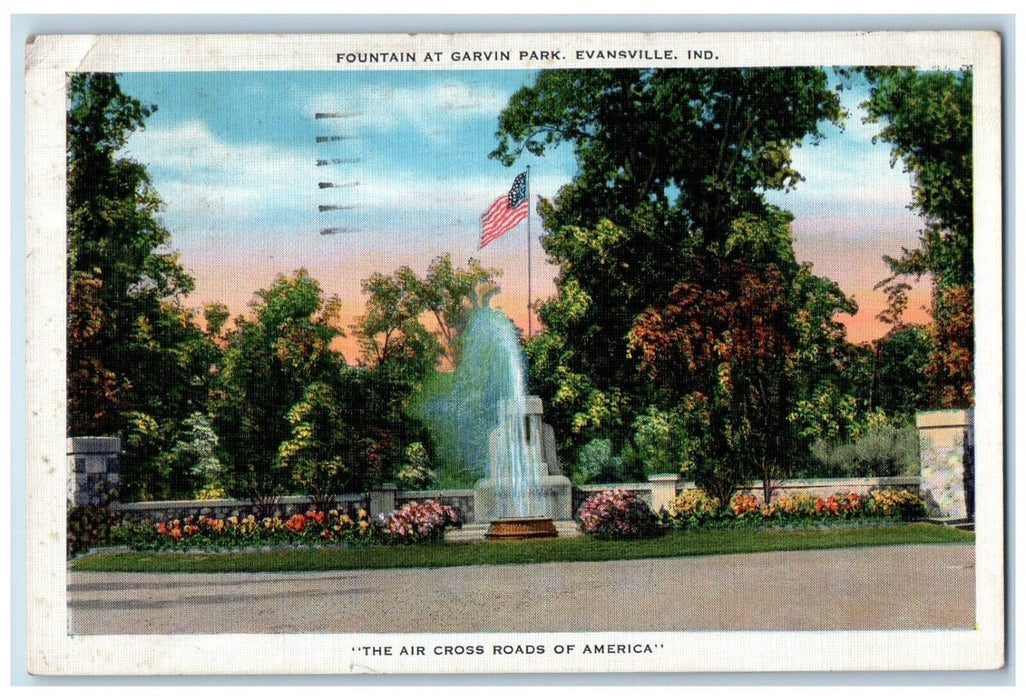 1936 Scenic View Fountain Garvin Park Flag Evansville Indiana Vintage Postcard