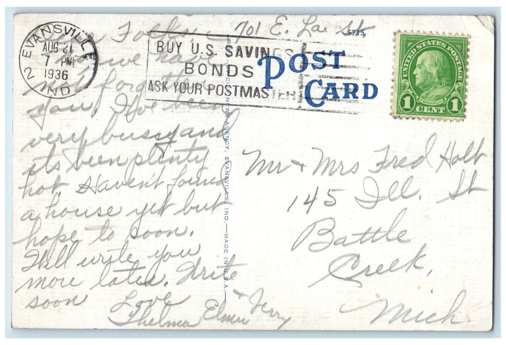 1936 Scenic View Fountain Garvin Park Flag Evansville Indiana Vintage Postcard