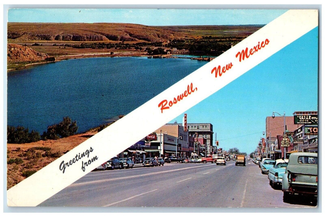 c1960 Greetings From Main Street Lake State Roswell New Mexico Banner Postcard