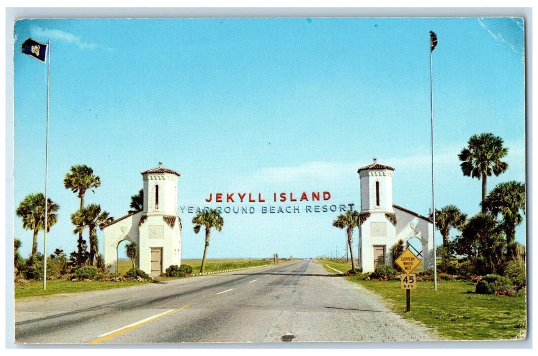 c1950's Main Entrance Jekyll Island Year Round Beach Resort GA Postcard