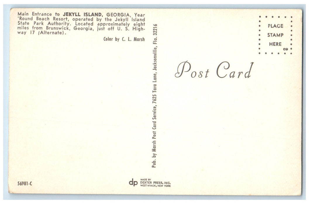 c1950's Main Entrance Jekyll Island Year Round Beach Resort GA Postcard