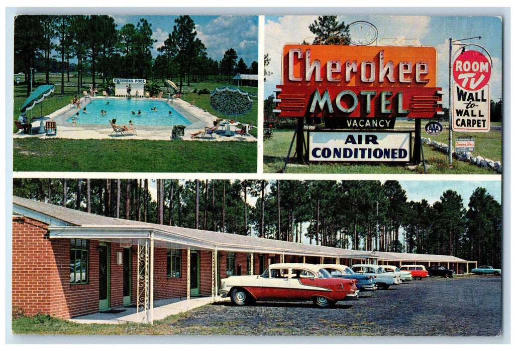 c1950's Cherokee Motel Swimming Pool Parking Waycross GA Multiview Postcard