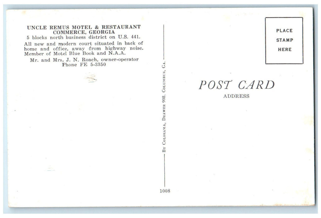 c1950's Uncle Remus Motel & Restaurant Commerce Georgia GA Postcard