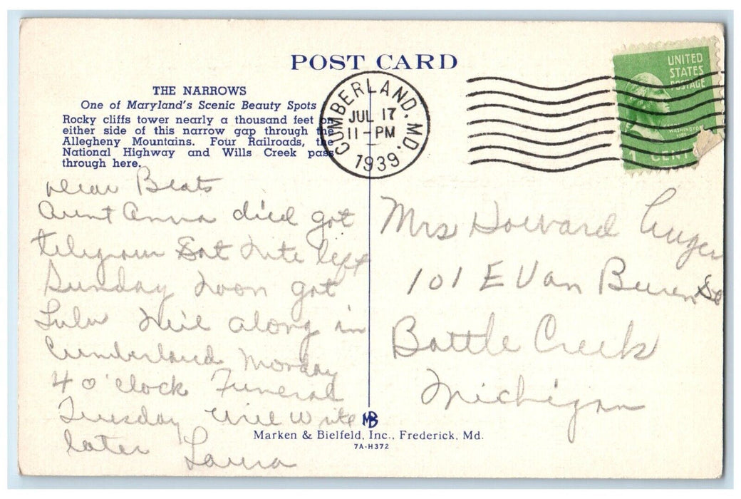 1939 Birds Eye View Narrows Railroad Cumberland Maryland Vintage Posted Postcard