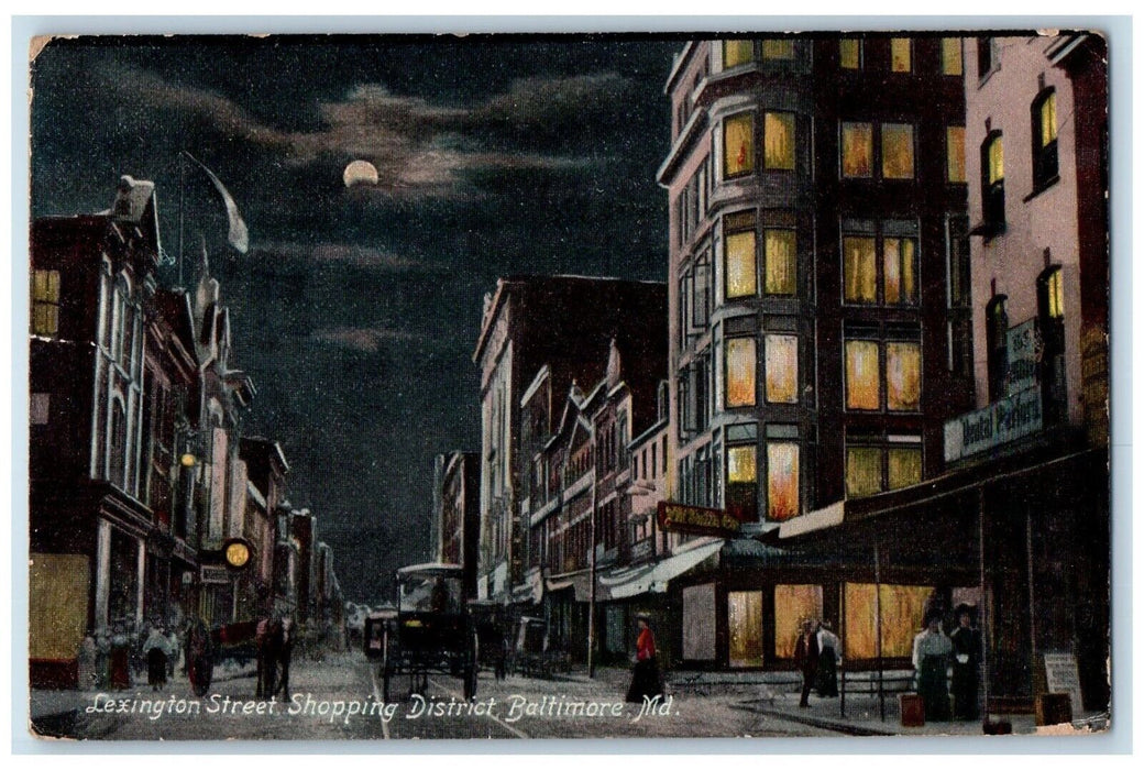 1908 Night Scene Lexington Street Shopping District Baltimore Maryland Postcard