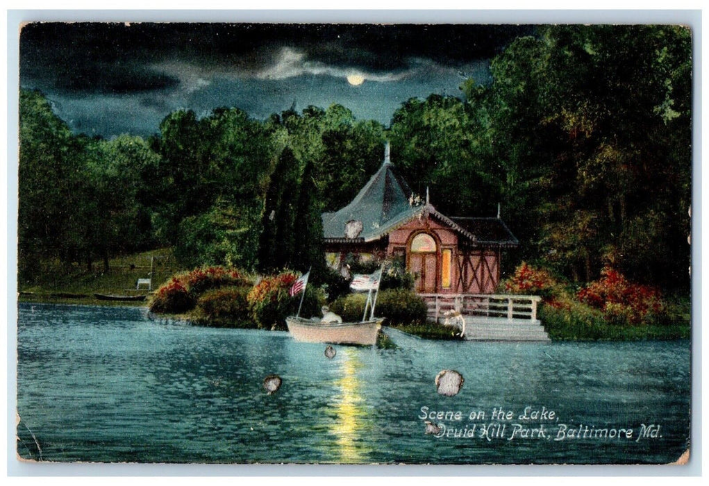 1908 Night Scene Lake Druid Hill Park House Boat Baltimore Maryland MD Postcard