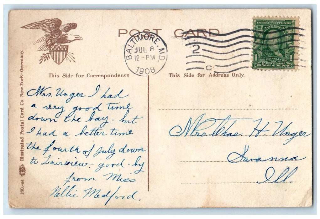 1908 Night Scene Lake Druid Hill Park House Boat Baltimore Maryland MD Postcard