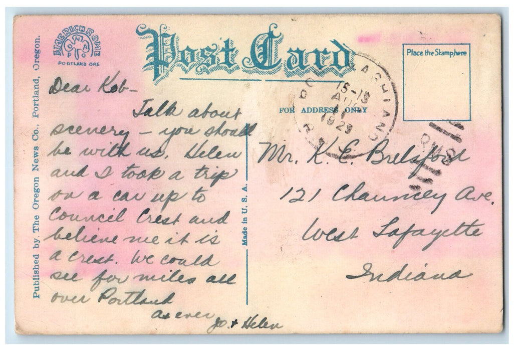 1929 Lake Stream Flyer Observatory Council Crest Portland Oregon OR Postcard