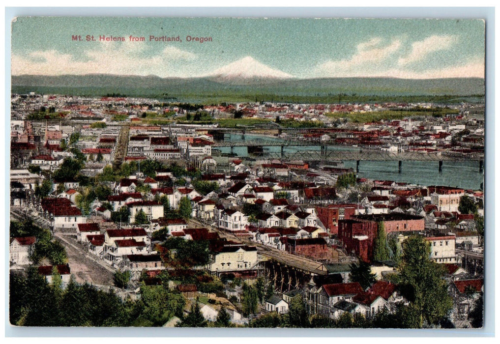 c1910 Aerial View Bridge Mt. St. Helens from Portland Oregon OR Postcard