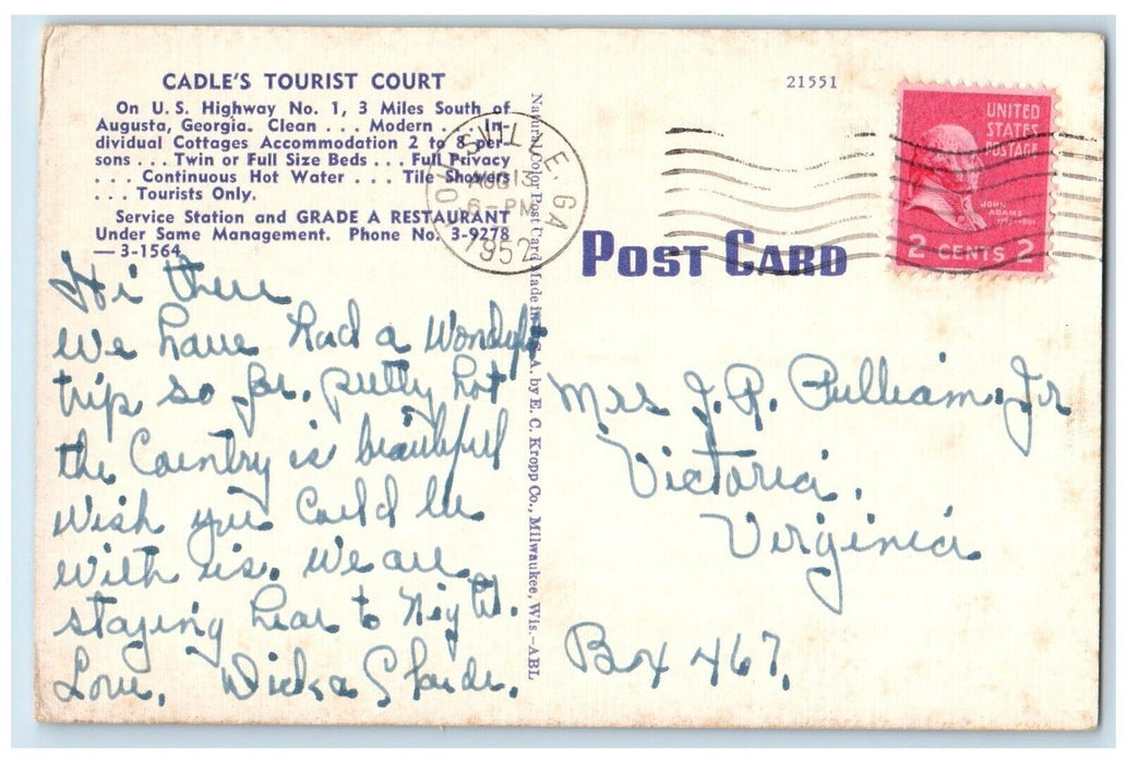 1952 Cadle's Tourist Court Highway Exterior Building Augusta Georgia GA Postcard