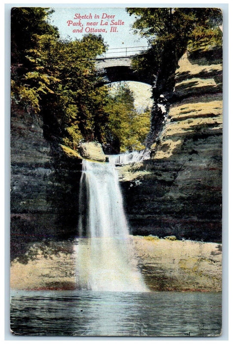 1910 Sketch Deer Prank Falls River Lake Bridge La Salle Ottawa Illinois Postcard