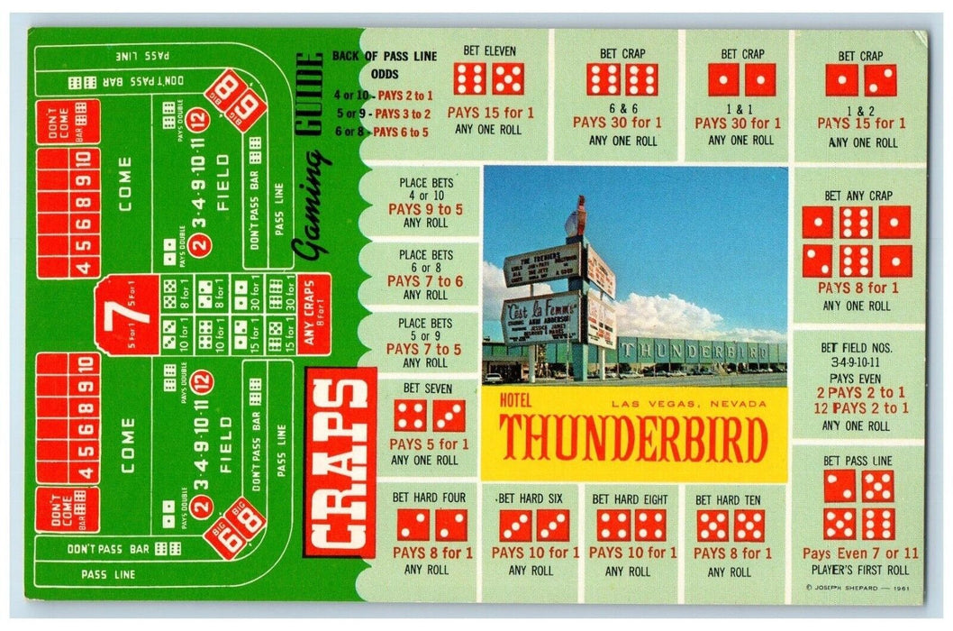 c1960 Gaming Guide Cards Hotel Thunderbird Las Vegas Nevada NV Vintage Postcard