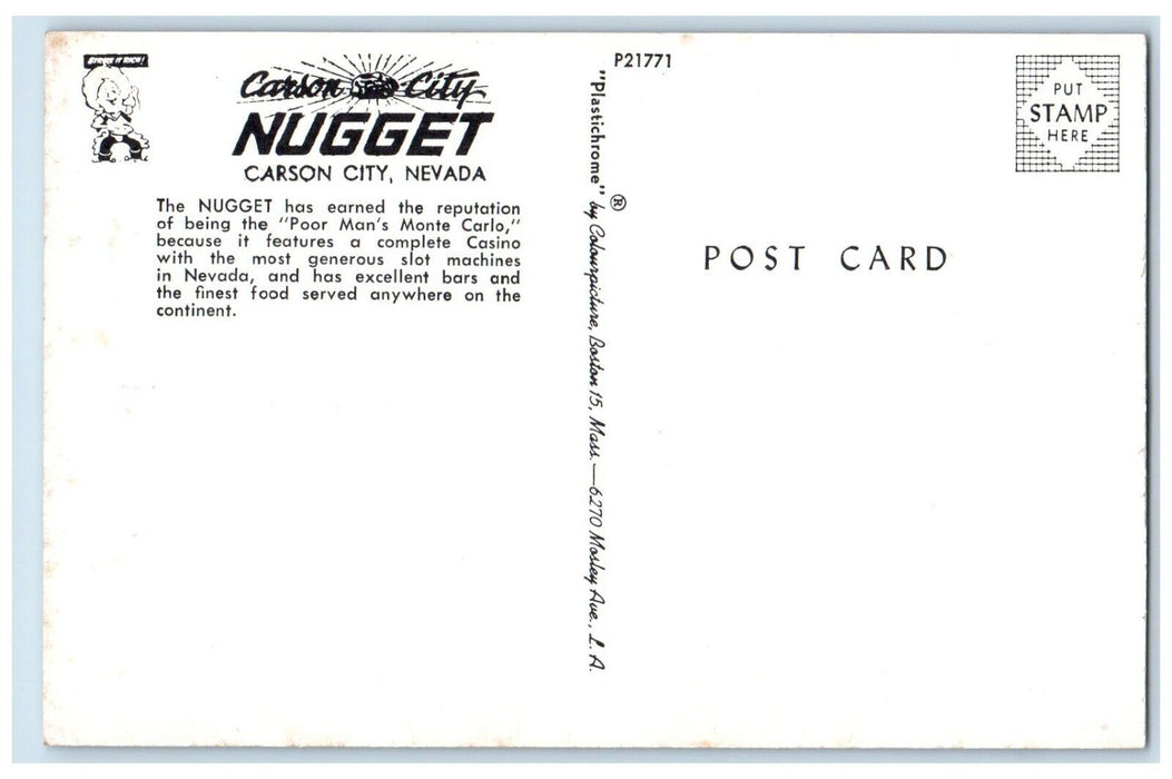 c1960 Night Scene Carson City Nugget Carson City Nevada Antique Vintage Postcard