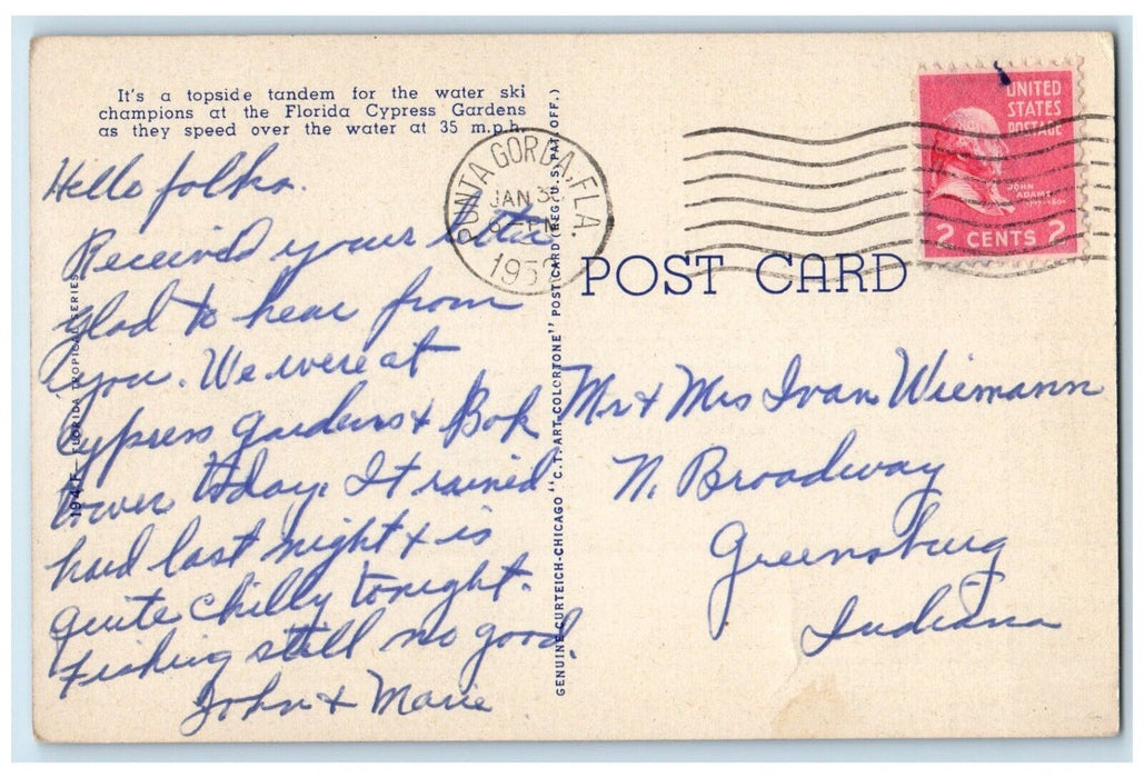 1952 Skiing Fun Florida Sun Topside Tandem Waterski Punta Gorda Florida Postcard