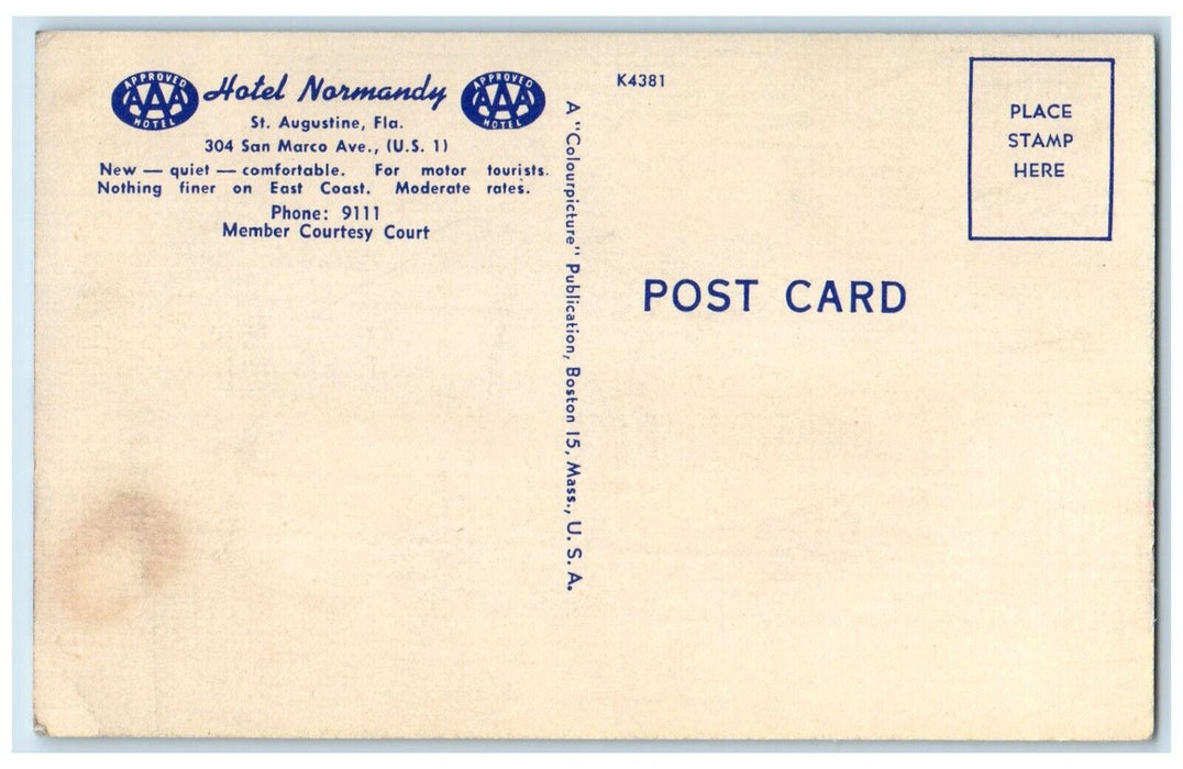1940 Normandy Court San Marco Avenue Jacksonville St. Augustine Florida Postcard