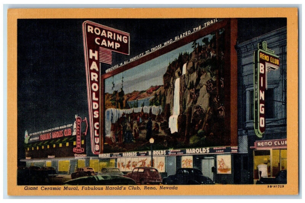 c1940 Night Scene Giant Ceramic Mural Fabulous Harold Club Reno Nevada Postcard