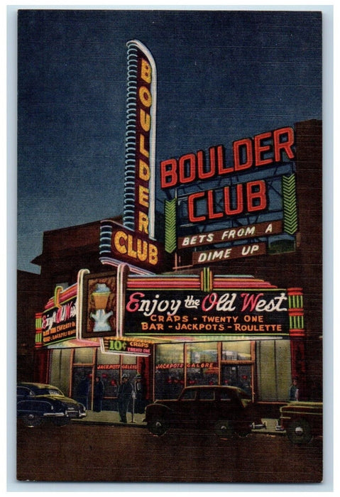 1940 Night Scene Boulder Club Downtown Las Vegas Nevada Vintage Antique Postcard