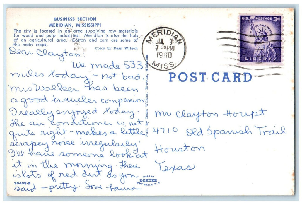 c1960 Business Section Meridian Mississippi MS Antique Vintage Posted Postcard