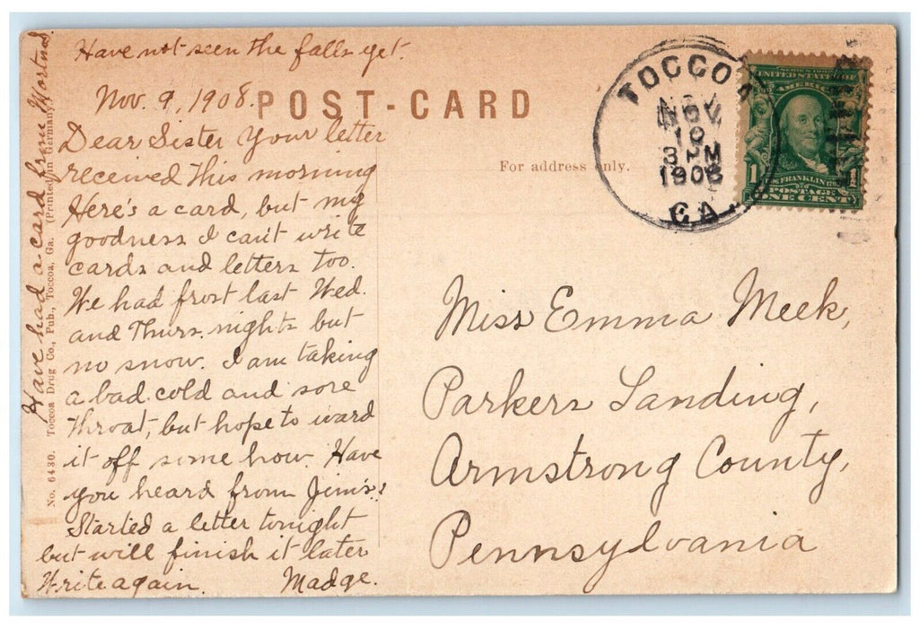 1908 View Of Toccoa Falls Waterfalls Toccoa Georgia GA Posted Antique Postcard