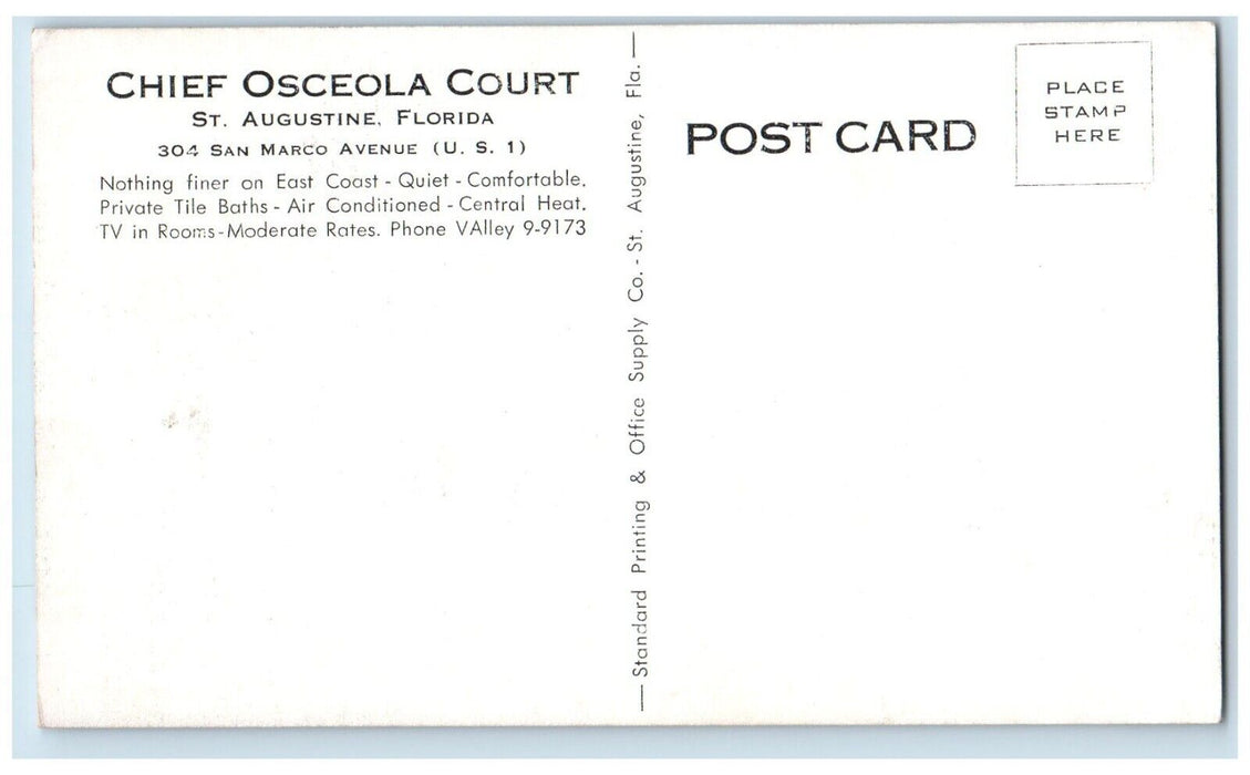 c1940 Chief Osceola Court San Marco Avenue Street St. Augustine Florida Postcard