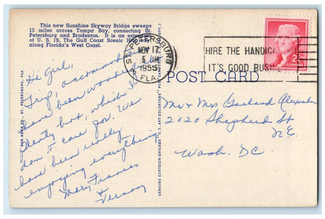 1955 Sunshine Bridge Across Lower Tampa Bay St. Petersburg Florida FL Postcard