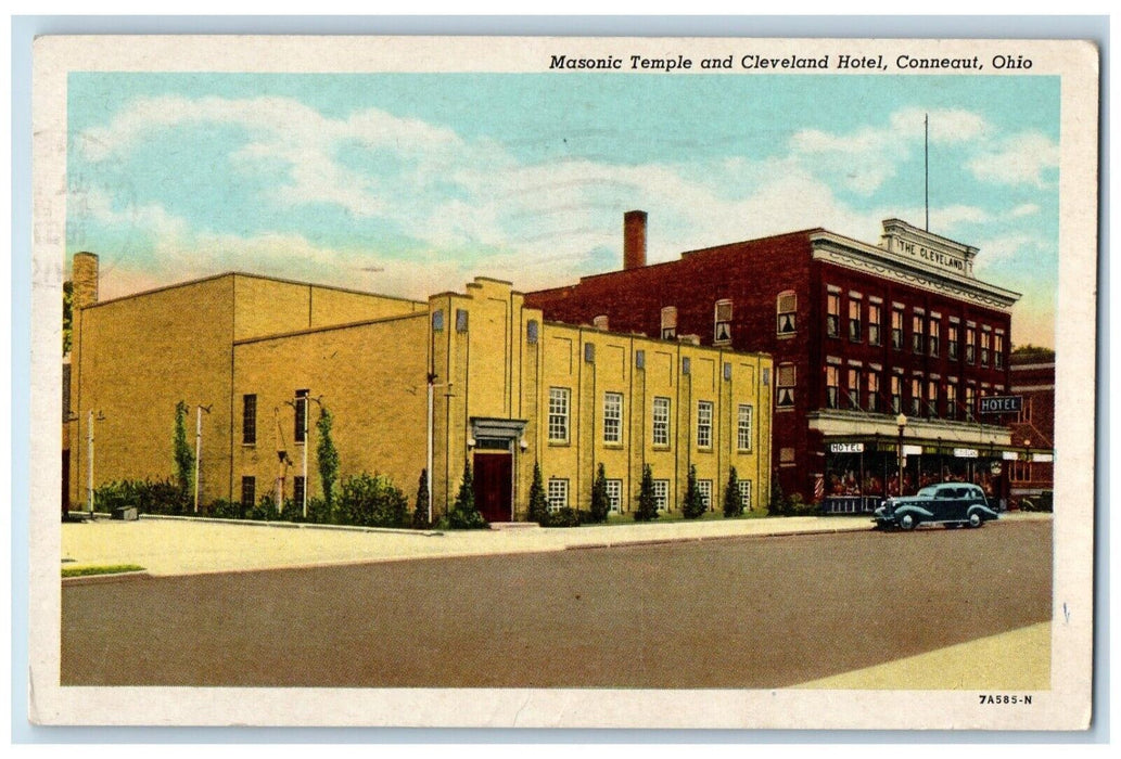 1957 Masonic Temple Cleveland Hotel Exterior Classic Car Conneaut Ohio Postcard