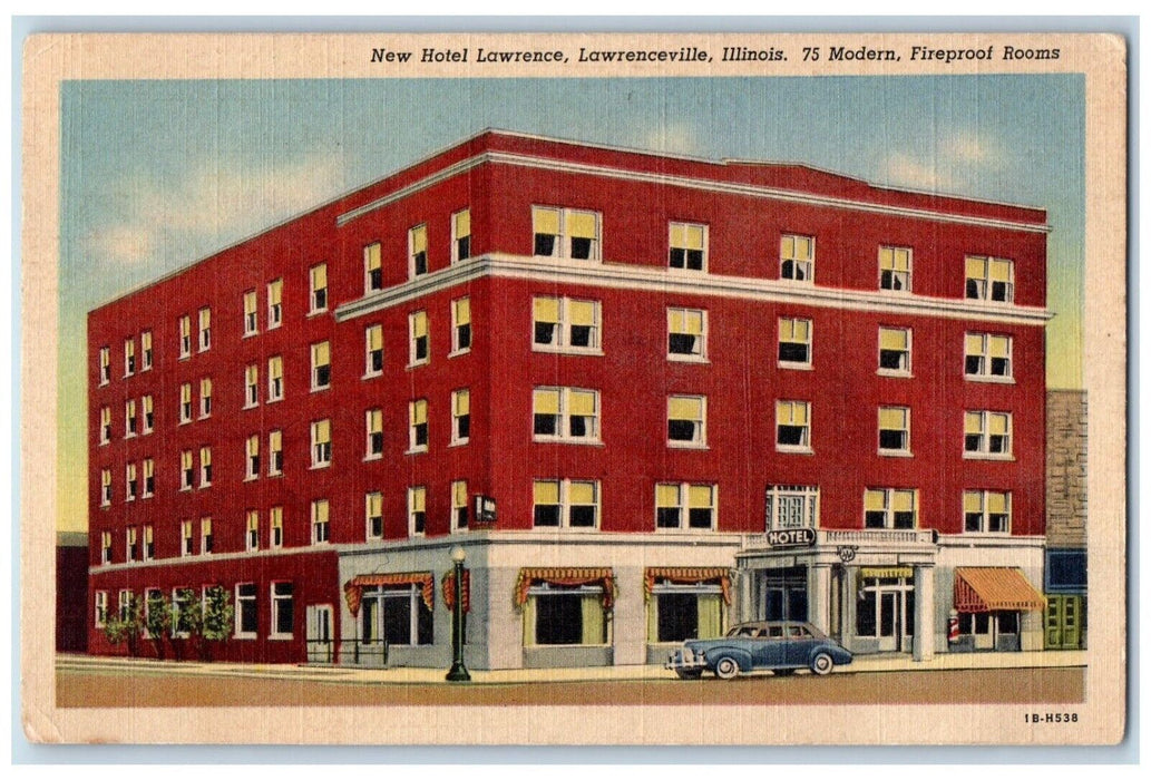 c1940 New Hotel Lawrence Fireproof Rooms Lawrenceville Illinois Vintage Postcard