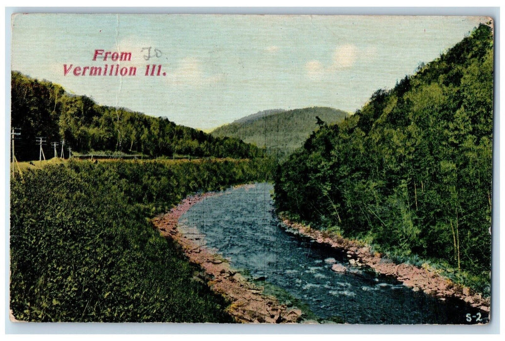 1913 River Lake Rocks Mountain Trees From Vermilion Illinois IL Vintage Postcard