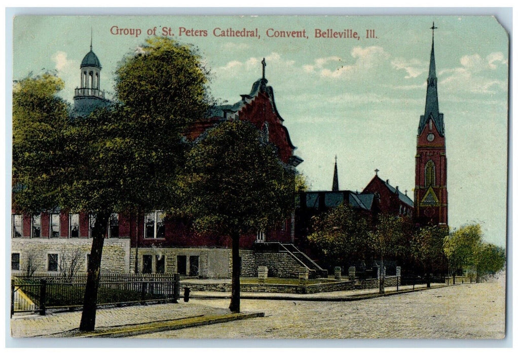 c1910 Group St. Peters Cathedral Convent Exterior Belleville Illinois Postcard