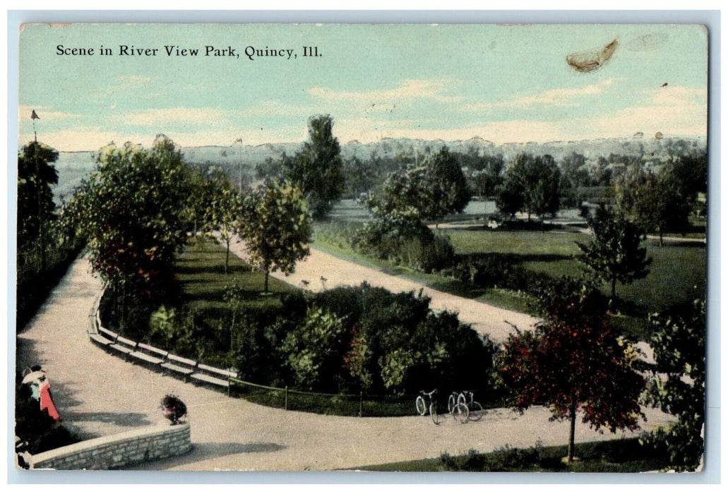 1911 Scene River View Park Road Trees Bicycle Quincy Illinois Vintage Postcard