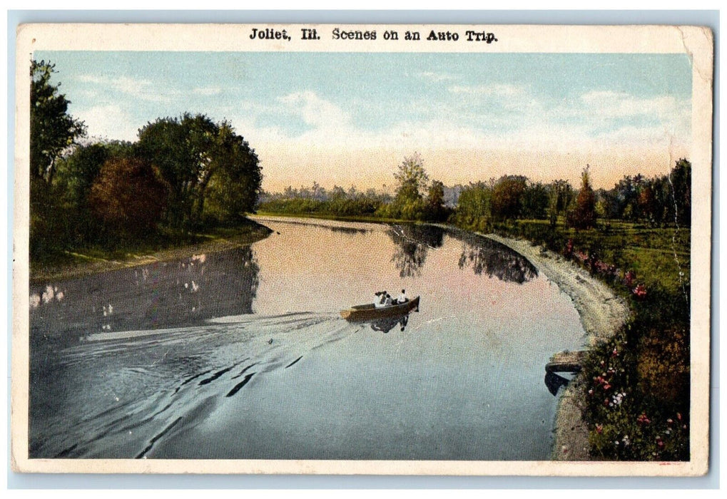 1919 Scenes Auto Trip Canoe Boat River Joliet Illinois Vintage Antique Postcard