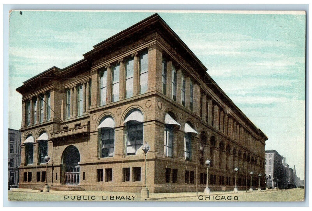 c1910 Public Library Exterior Building Street Road Chicago Illinois IL Postcard