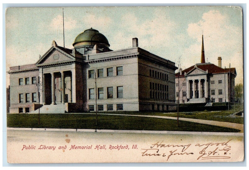 1907 Public Library Memorial Hall Exterior Building Rockford Illinois Postcard