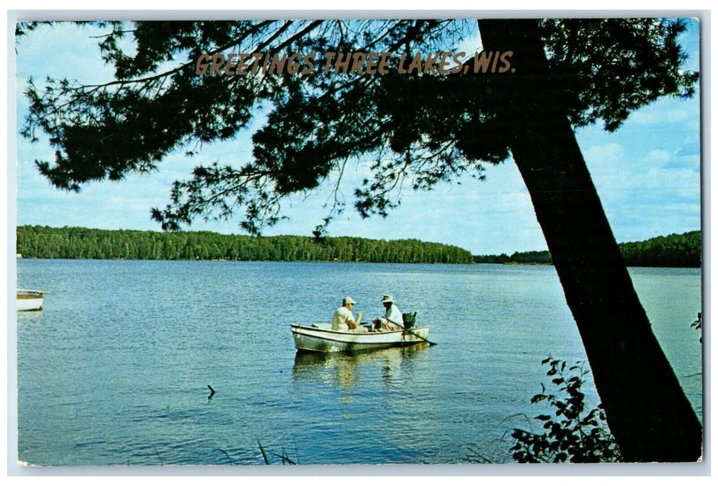 1959 Greetings From Three Lakes Wisconsin WI, Canoeing Boat Vintage Postcard