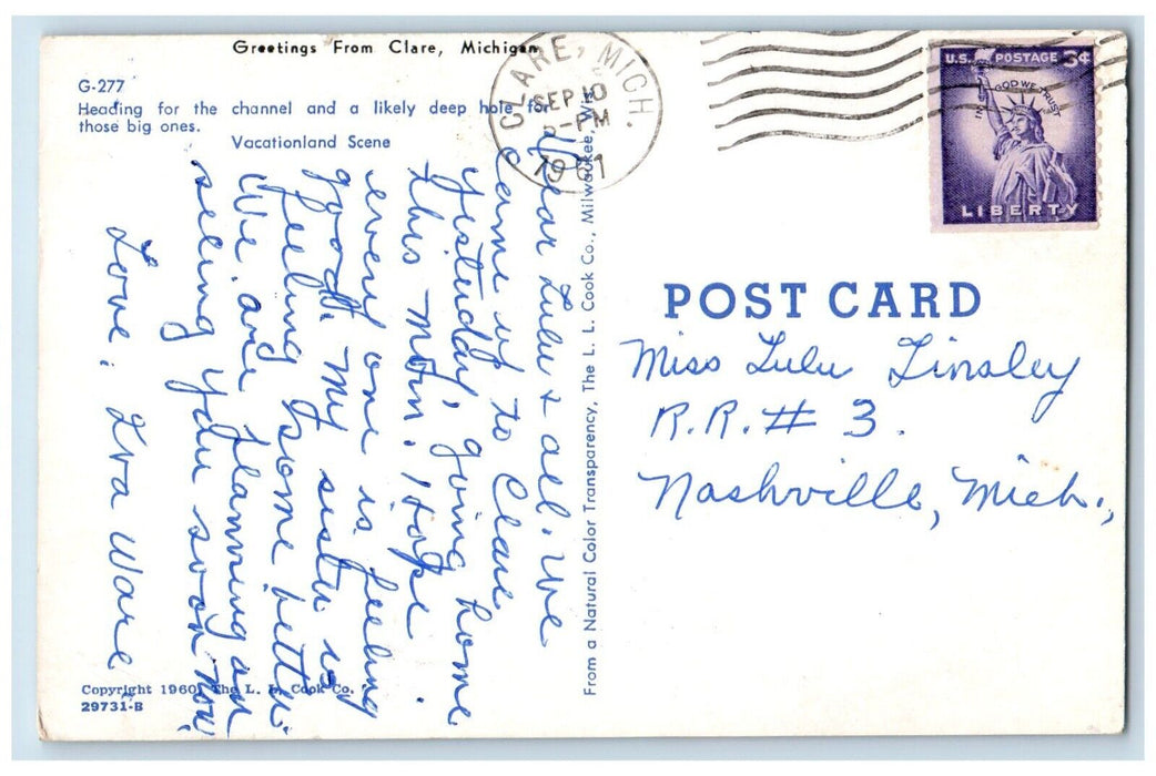 1961 Greetings From Clare Michigan MI, Sea View Canoeing Posted Vintage Postcard