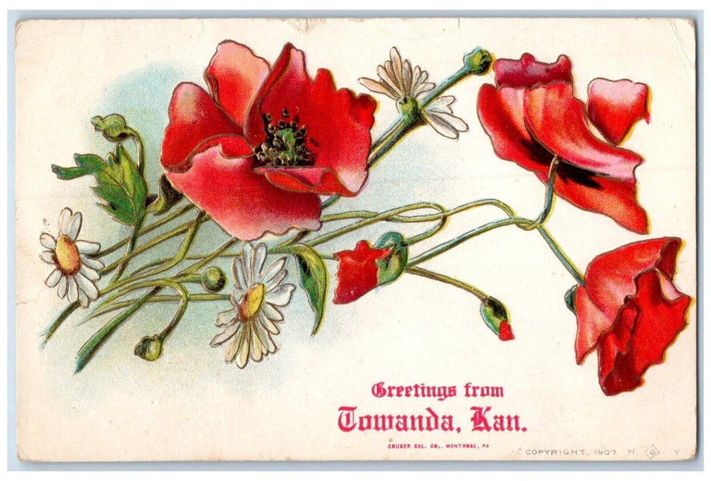 1908 Greetings From Towanda Kansas KS, Daisy Flowers Embossed Antique Postcard