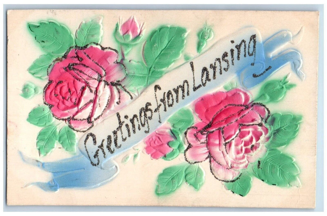 1908 Greetings From Lansing Michigan MI, Flowers Airbrushed Embossed Postcard