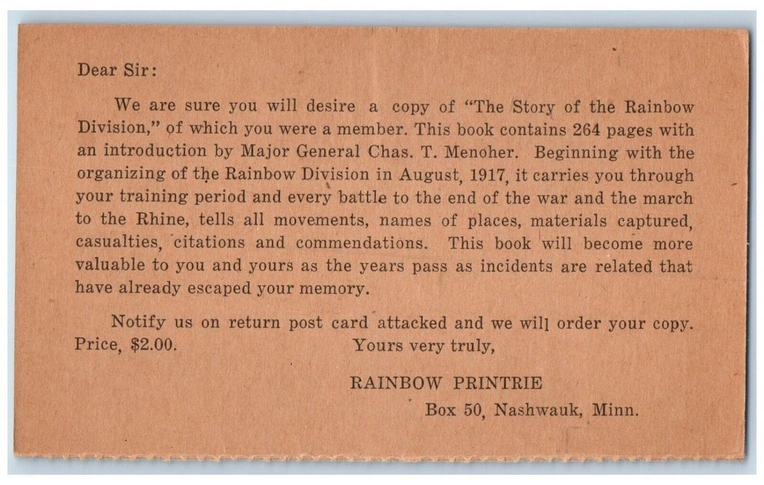 Nashwauk MN, Letter The Story Of The Rainbow Division Book Advertising Postcard