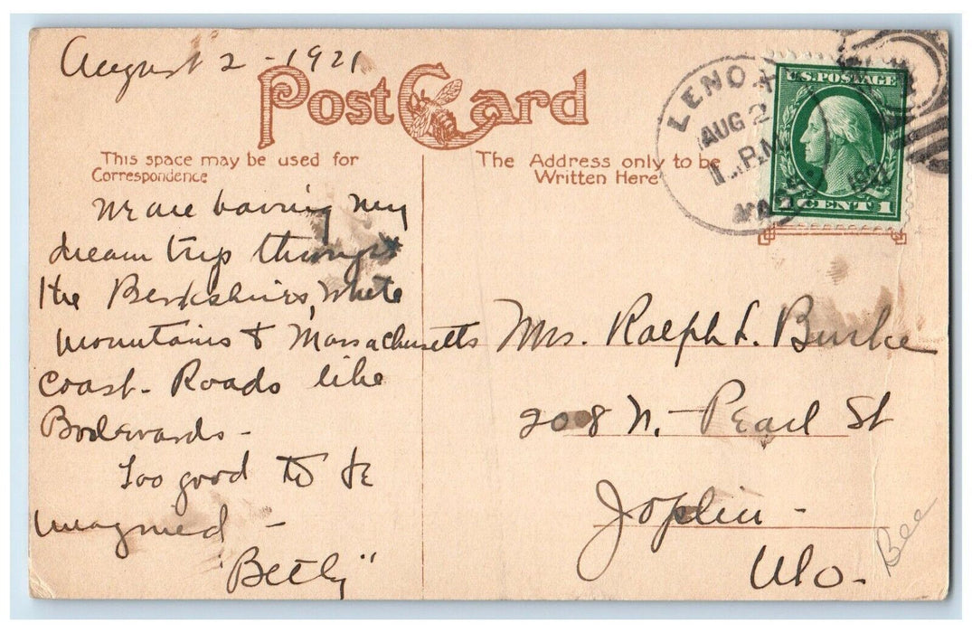 1921 Hotel Aspinwall Building Lenox Massachusetts MA Posted Vintage Postcard