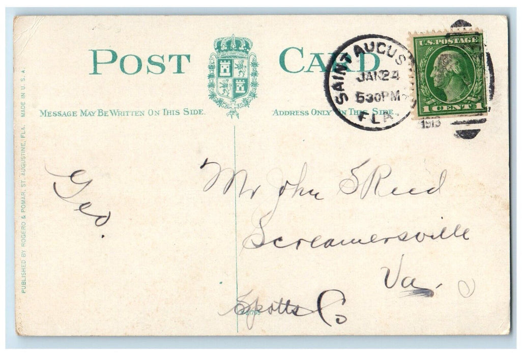 1913 View Of HM Flagler's Home St. Augustine Florida FL Posted Antique Postcard