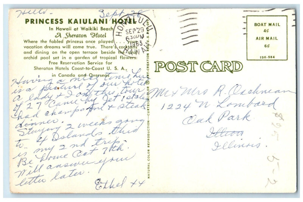 1963 Princess Kaiulani Hotel At Wakiki Beach Honolulu Hawaii HI Vintage Postcard